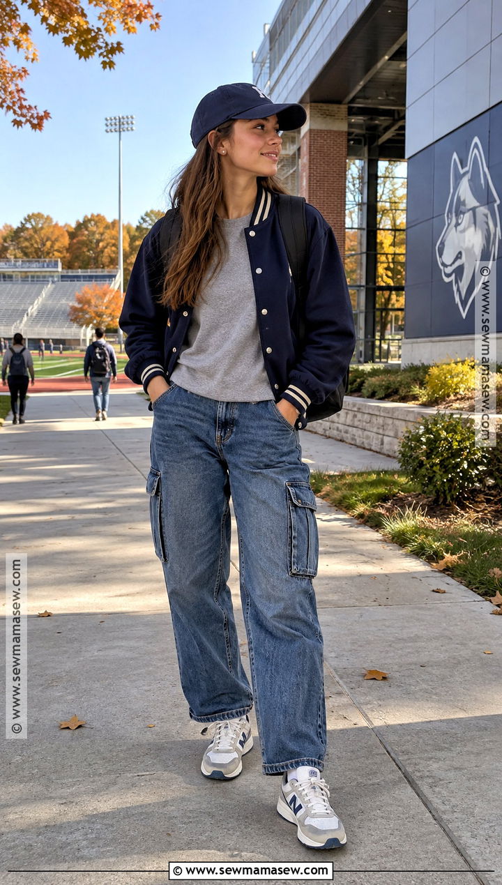 Varsity Jacket And Cargo Jeans College Outfit - 25 autumn college outfits
