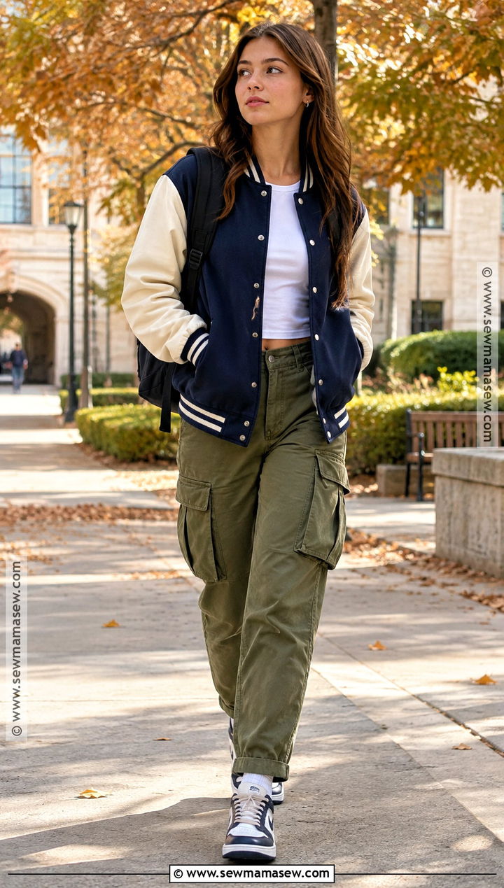 Varsity Jacket And Cargo Pants Fall School Outfit - 15 fall lazy outfits for school