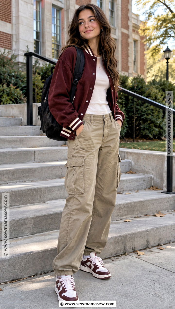 Varsity Jacket And Cargo Pants Fall School Outfit - 15 Cute Fall Outfits For School Casual