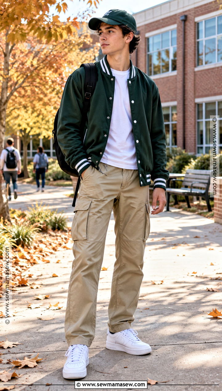 Varsity Jacket And Cargo Pants Outfit - 15 fall aesthetic school outfits