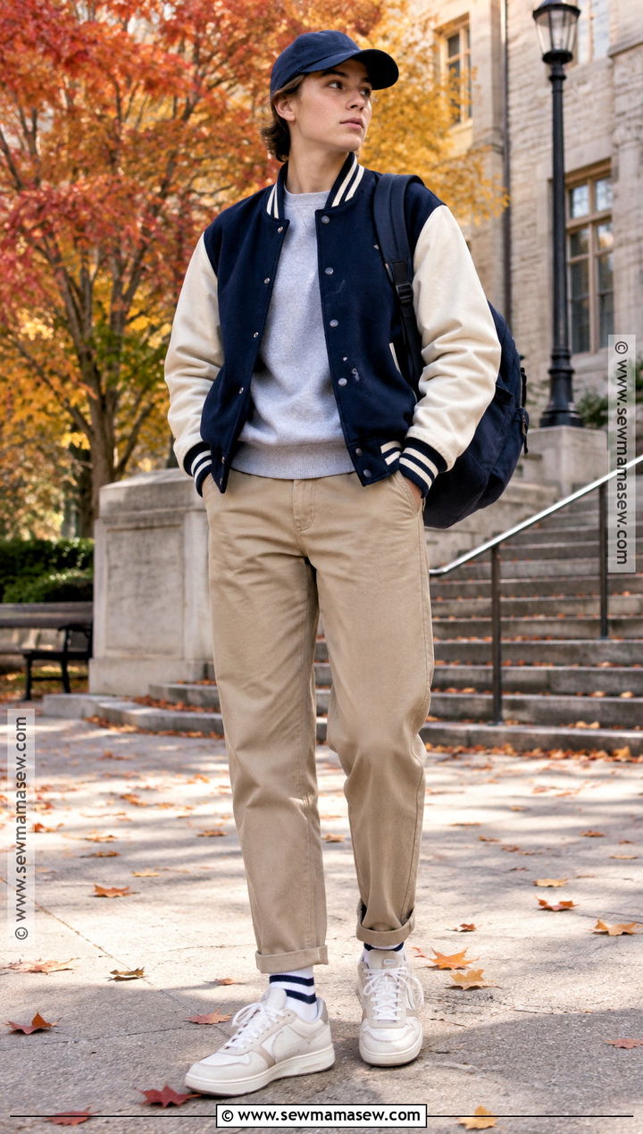 Varsity Jacket And Chinos Masc Fall Outfit - 15 cute fall outfits masc