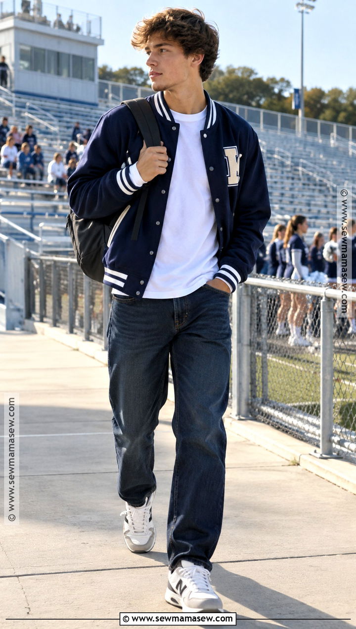 Varsity Jacket And Dark Wash Jeans Fall School Outfit - 20 fall school outfits highschool