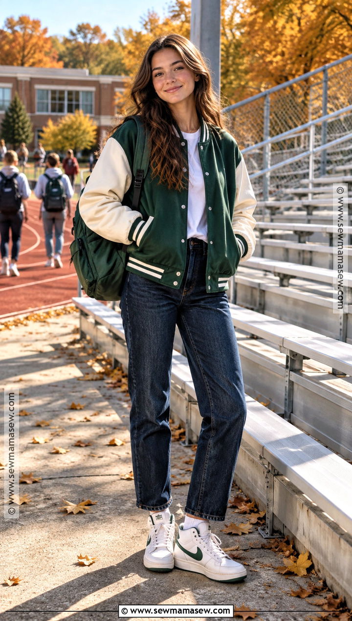 Varsity Jacket And Dark Wash Jeans School Outfit - 25 cute outfits for school fall