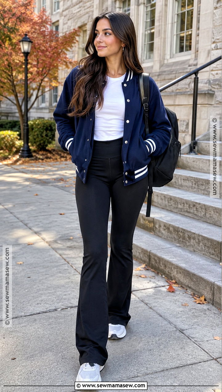 Varsity Jacket And Flare Leggings School Outfit - 15 Cute Fits For School Fall