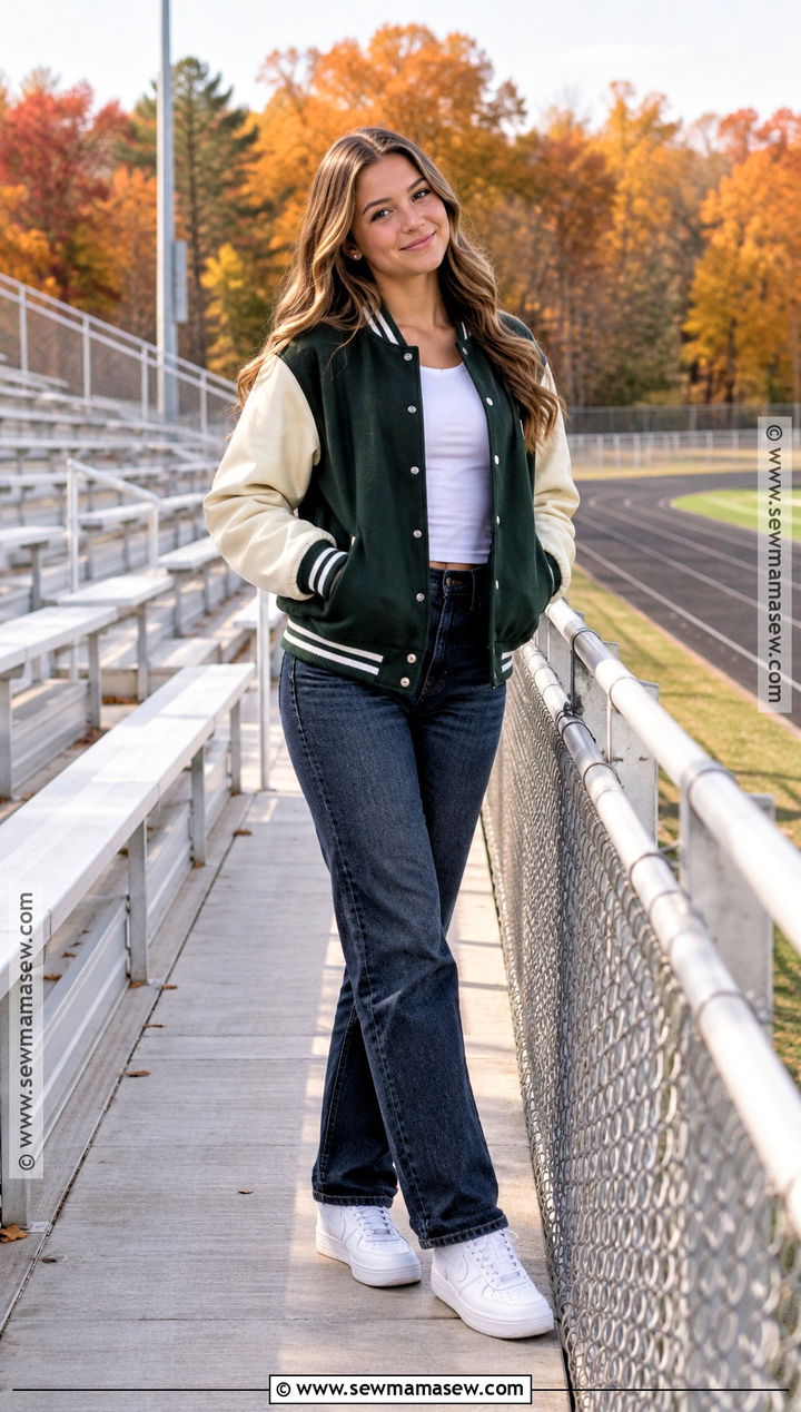 Varsity Jacket And Jeans Senior Photo Outfit - 25 senior photo outfits fall