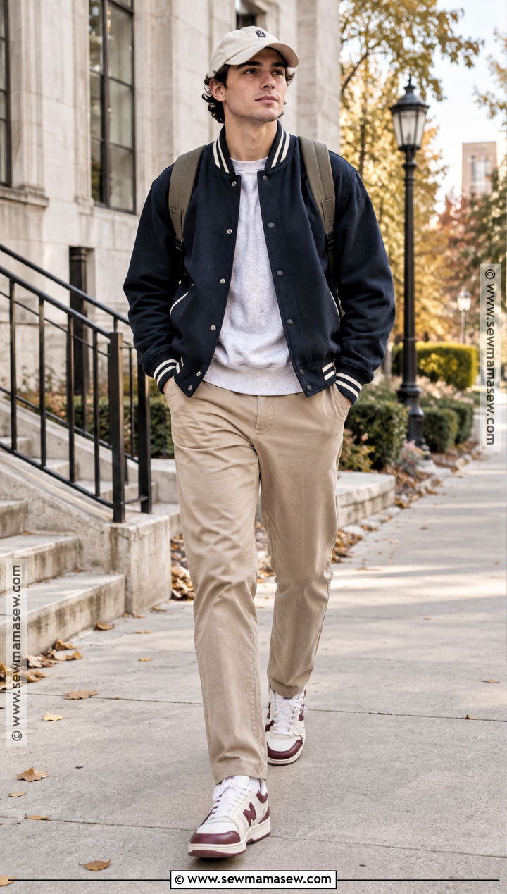 Varsity Jacket And Khaki Pants Fall Outfit - 20 men casual fall outfits