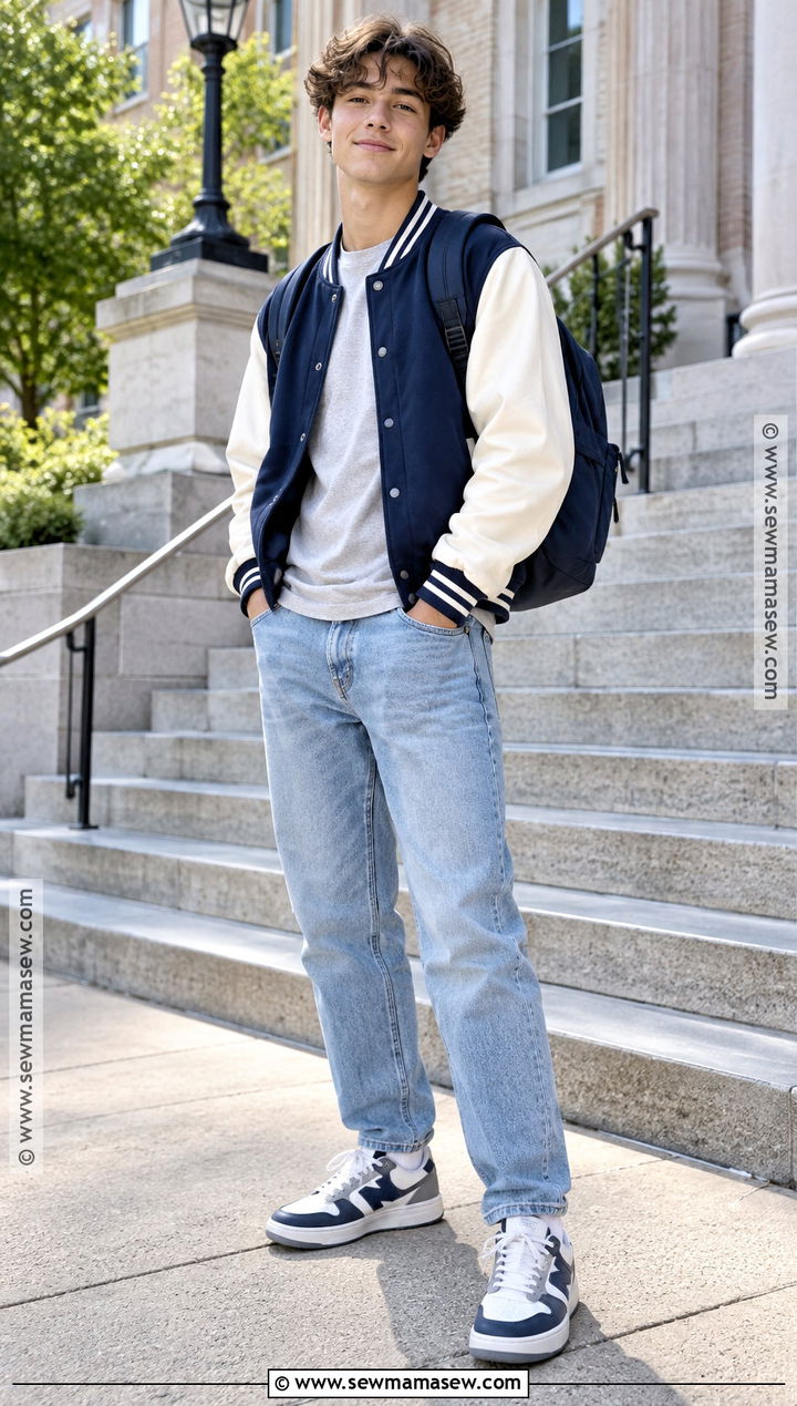 Varsity Jacket And Light Wash Jeans School Outfit - 20 back to school boy outfits