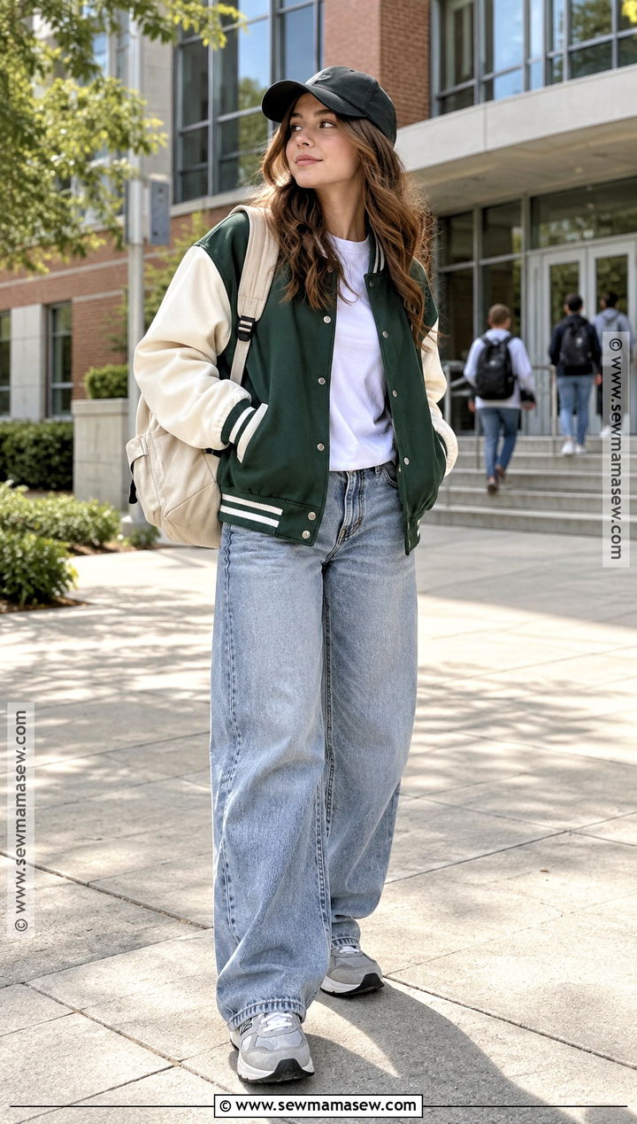 Varsity Jacket And Loose Denim Outfit - 15 masc back to school outfits