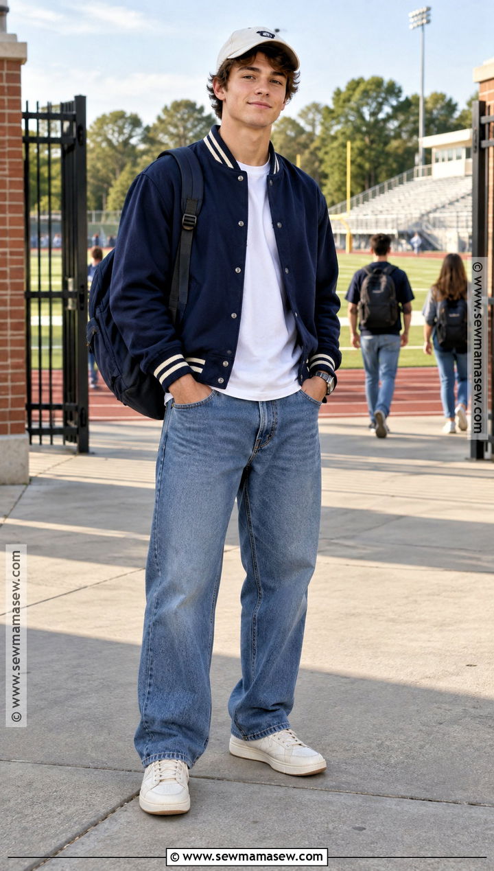 Varsity Jacket And Loose Fit Denim Back To School Outfit - 15 mens back to school outfit ideas