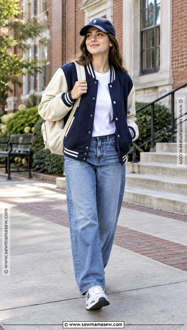 Varsity Jacket And Loose Fit Jeans Fall Outfit - 25 chill fall outfits