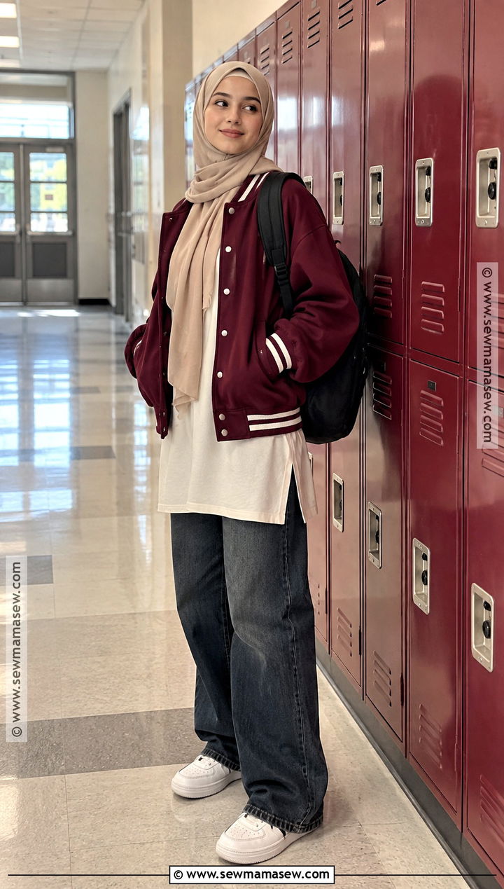 Varsity Jacket And Loose Fit Jeans Hijabi Outfit - 20 Back To School Hijabi Outfits