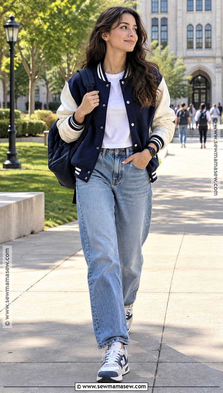 Varsity Jacket And Loose Jeans Back To School Outfit - 20 back to school outfits aesthetic