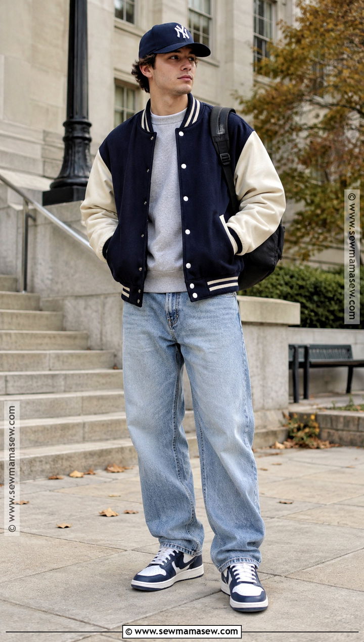 Varsity Jacket And Loose Jeans Fall Street Outfit - 15 casual men fall outfits street styles