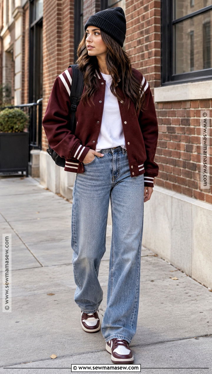 Varsity Jacket And Loose Jeans Fall Streetwear Outfit - 20 fall street wear ideas