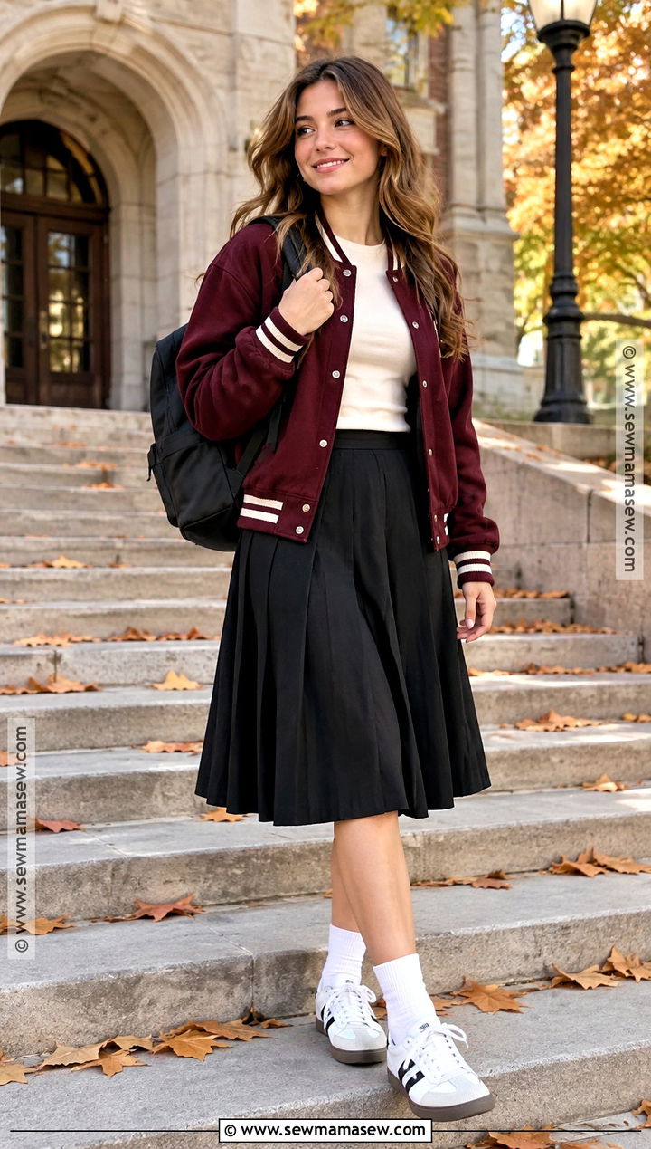 Varsity Jacket And Midi Skirt School Outfit - 20 School Outfit Inspo Fall Ideas