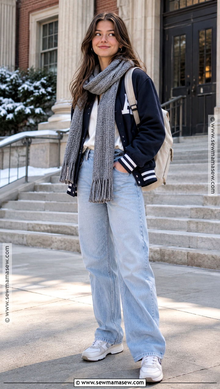 Varsity Jacket And Mom Jeans Outfit - 20 Back To School After Winter Break Outfit Ideas