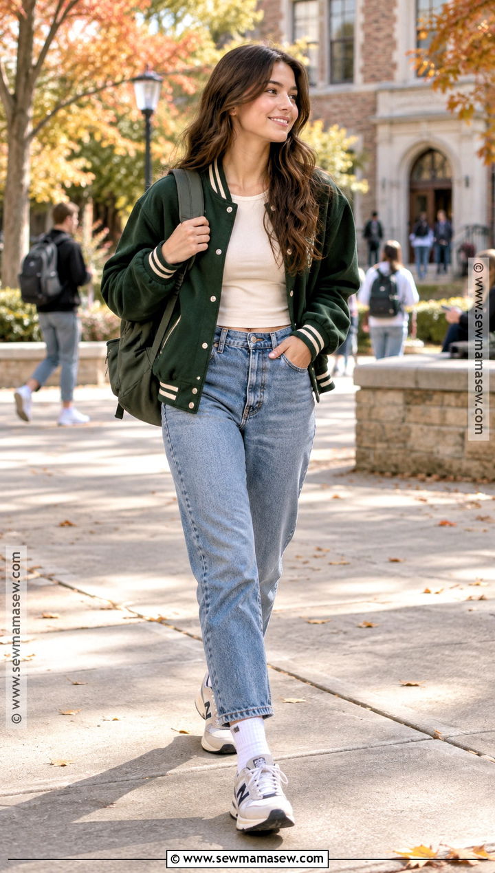 Varsity Jacket And Mom Jeans School Outfit - 20 first day of school outfit fall ideas
