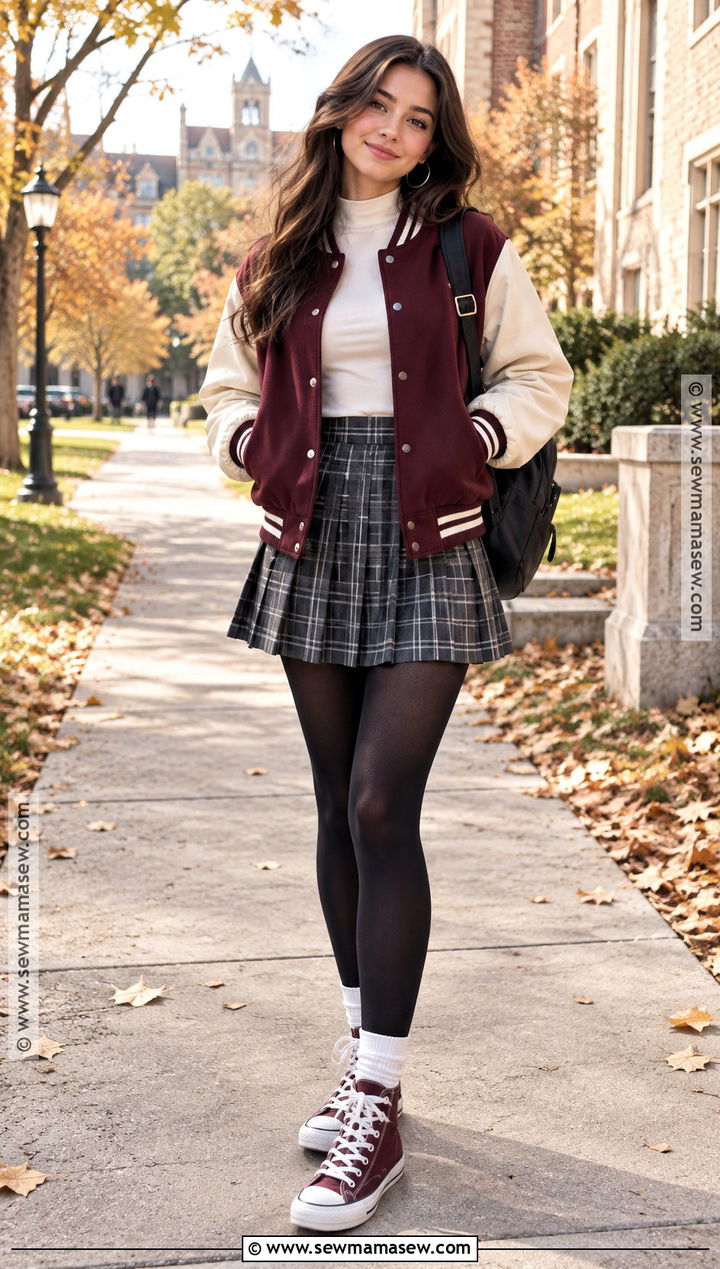 Varsity Jacket And Plaid Skirt Autumn Outfit - 25 alt autumn outfits