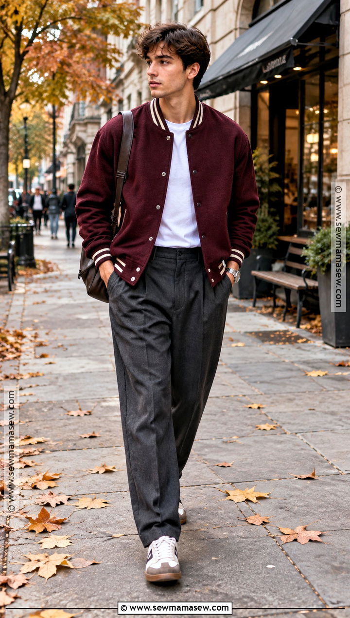 Varsity Jacket And Pleated Pants Outfit - 25 autumn style ideas for men