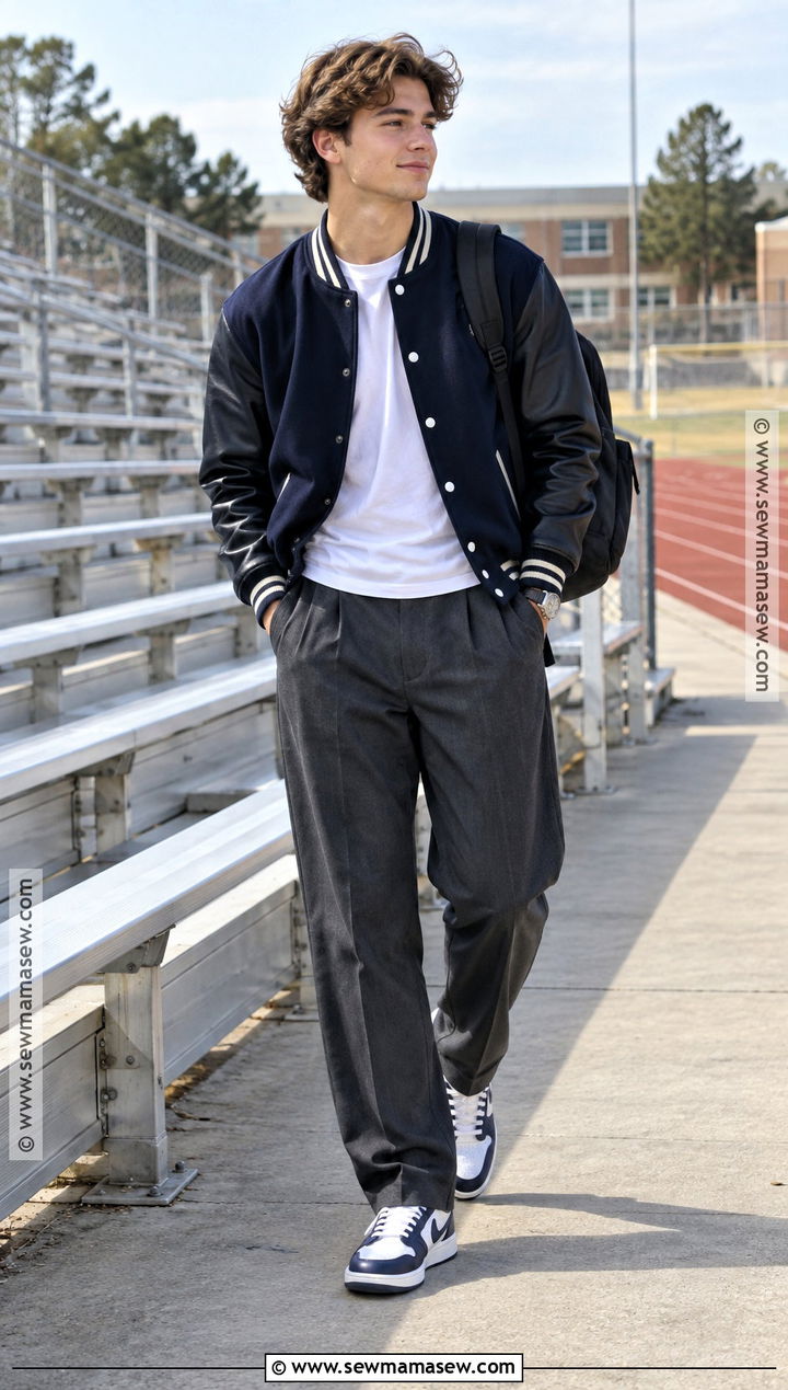 Varsity Jacket And Pleated Pants School Outfit - 20 cute school outfits fall