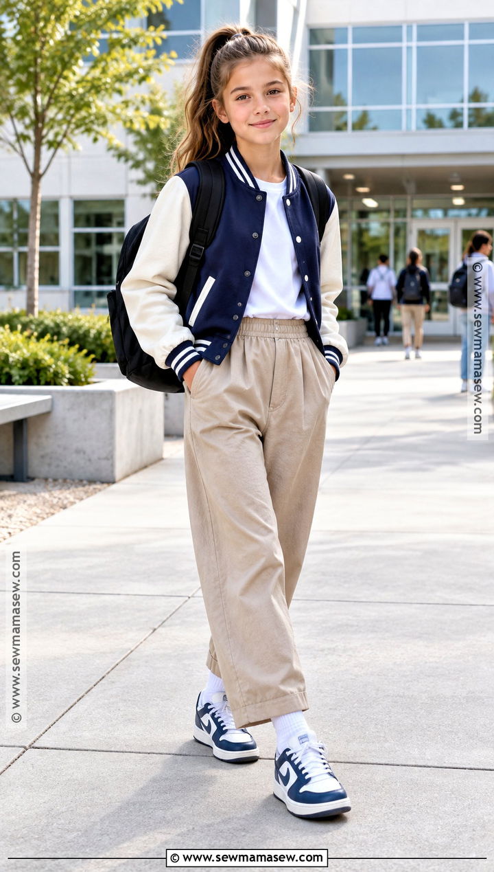 Varsity Jacket And Pleated Pants School Outfit - 15 girls back to school outfits for kids 2026