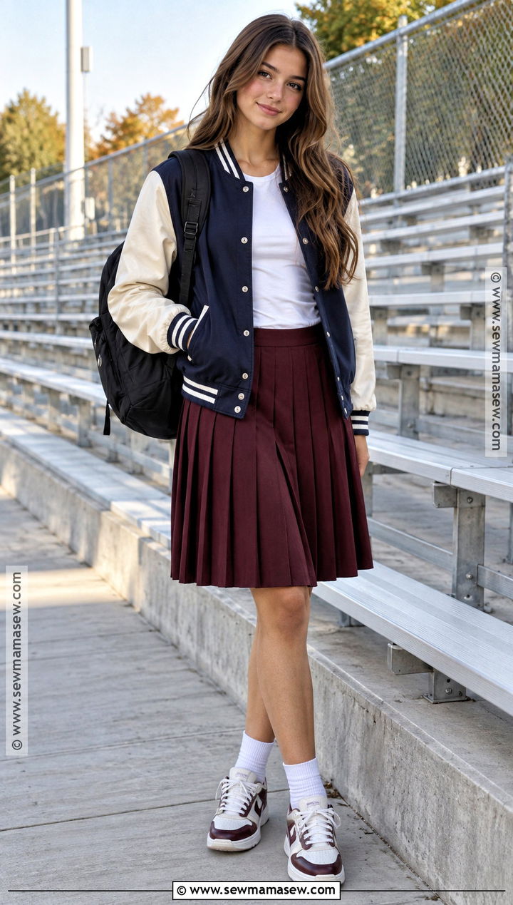 Varsity Jacket And Pleated Skirt Fall Outfit - 15 cute fall outfits teenage for girls