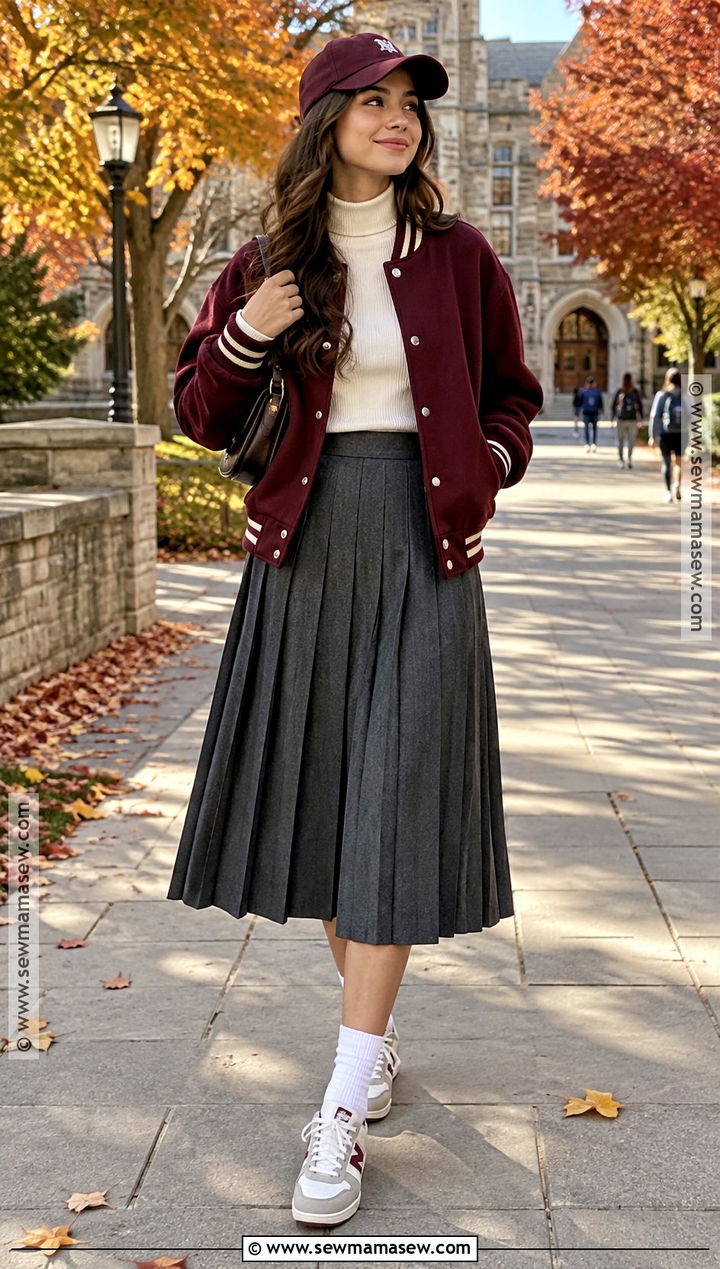 Varsity Jacket And Pleated Skirt Fall Streetwear Outfit - 25 fall streetwear outfits