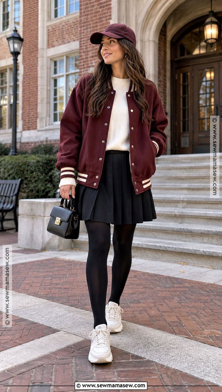 Varsity Jacket And Pleated Skirt Streetwear Outfit - 20 streetwear autumn outfits