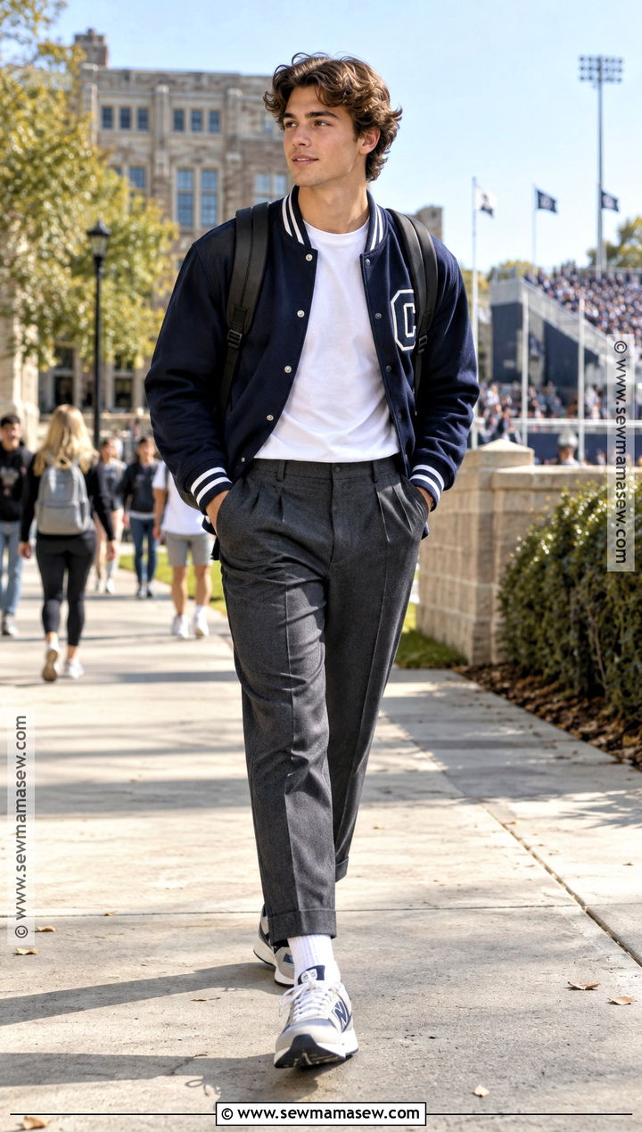Varsity Jacket And Pleated Trousers Back To School Outfit - 25 outfits back to school