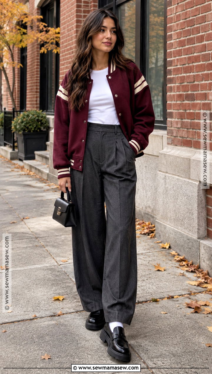 Varsity Jacket And Pleated Trousers Streetwear Outfit - 20 Streetwear Fashion Women Fall Ideas