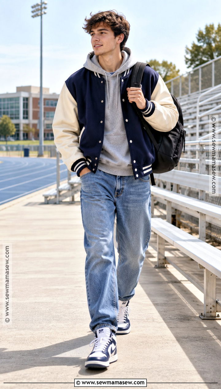 Varsity Jacket And Relaxed Jeans Back To School Outfit - 25 back to school outfits for men