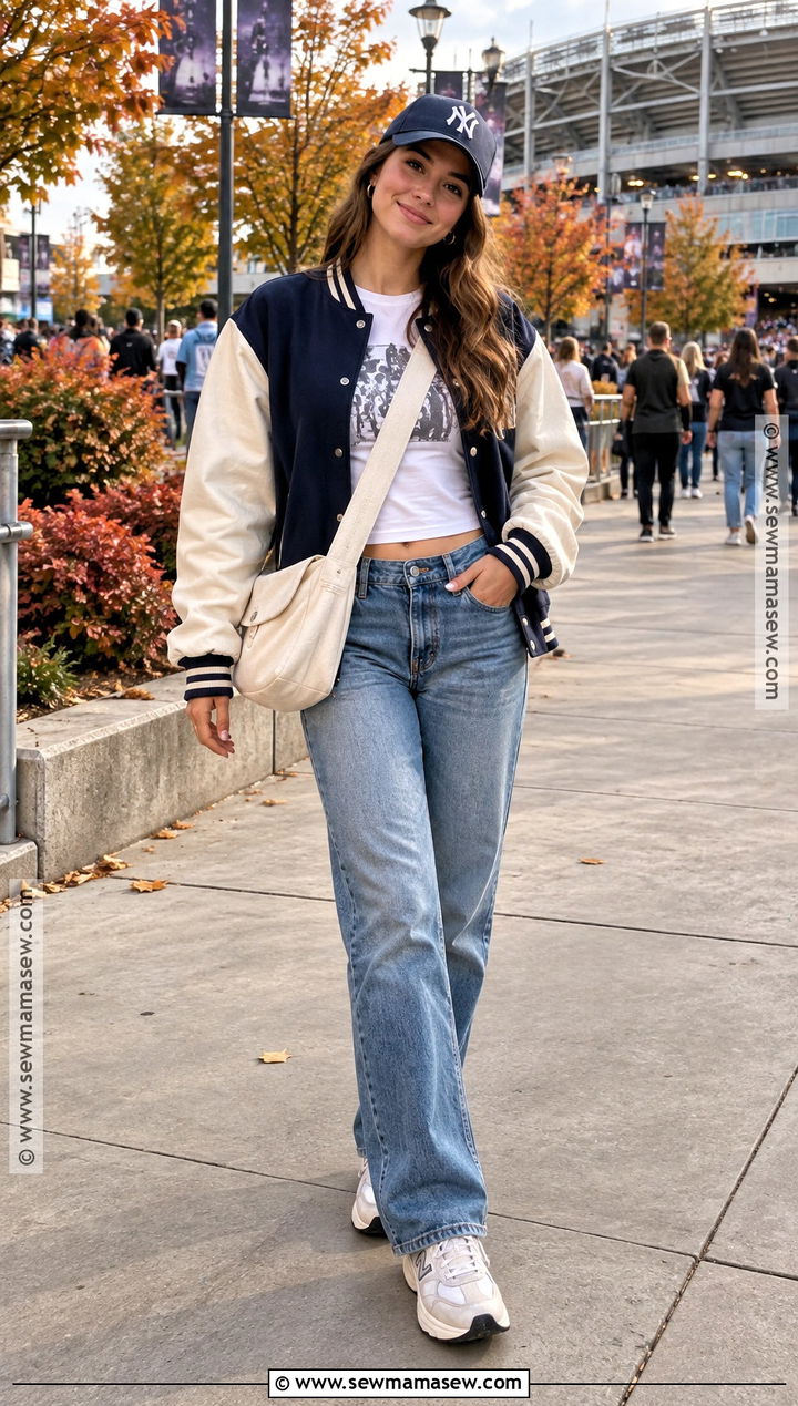 Varsity Jacket And Relaxed Jeans Concert Outfit - 20 outdoor concert outfit fall ideas