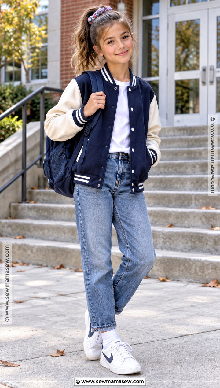 Varsity Jacket And Relaxed Jeans Fall Outfit - 20 fall outfits for girls 10-12
