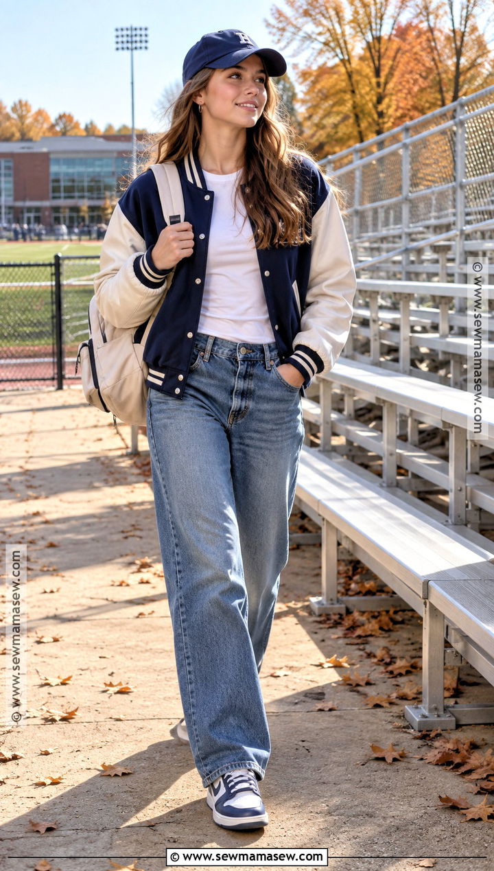 Varsity Jacket And Relaxed Jeans Fall Outfit - 15 cute fall outfits for teens