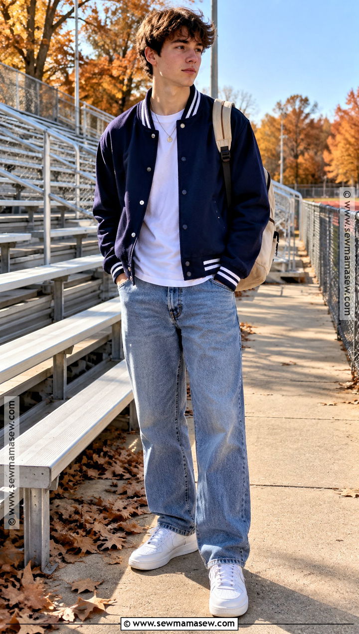 Varsity Jacket And Relaxed Jeans Fall School Outfit - 15 Fall School Outfits Highschool Casual