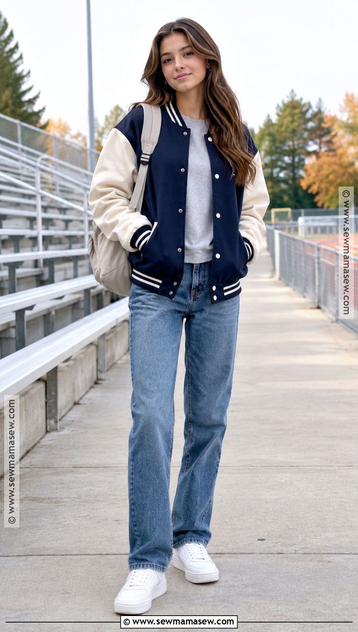 Varsity Jacket And Relaxed Jeans School Outfit - 15 fall school outfits highschool 2026