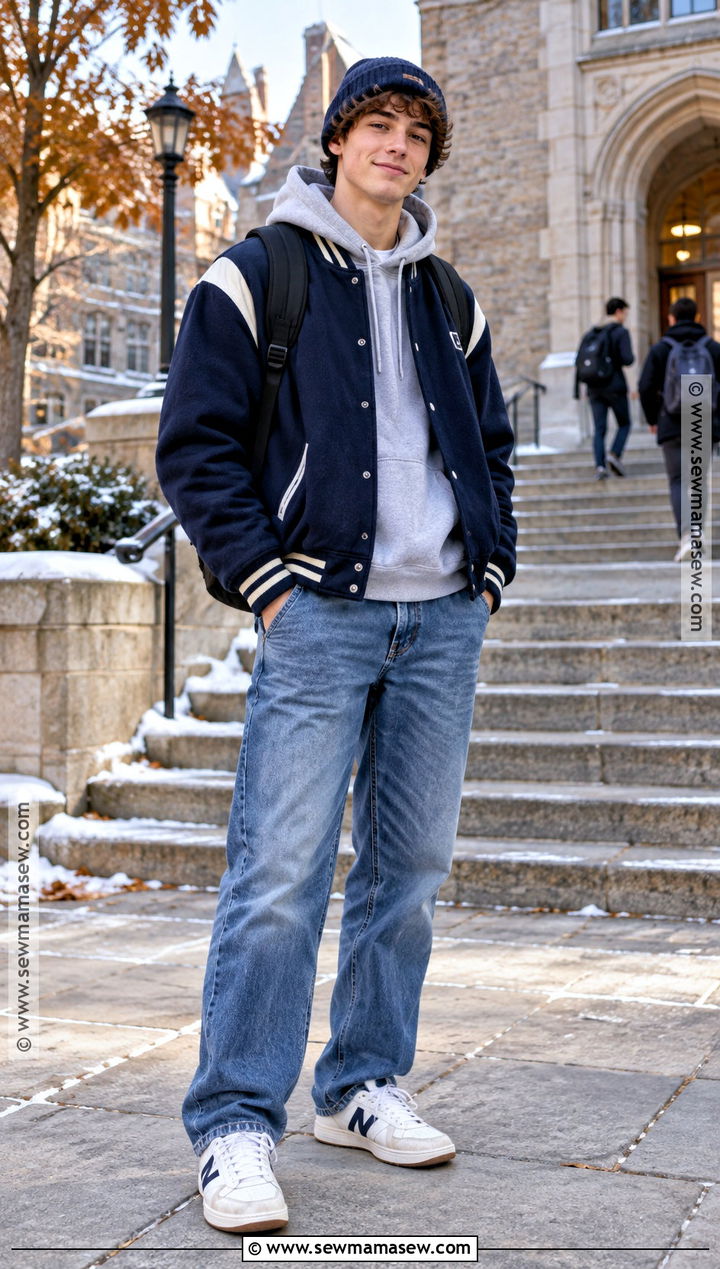 Varsity Jacket And Relaxed Jeans School Outfit - 20 cold fall outfits school