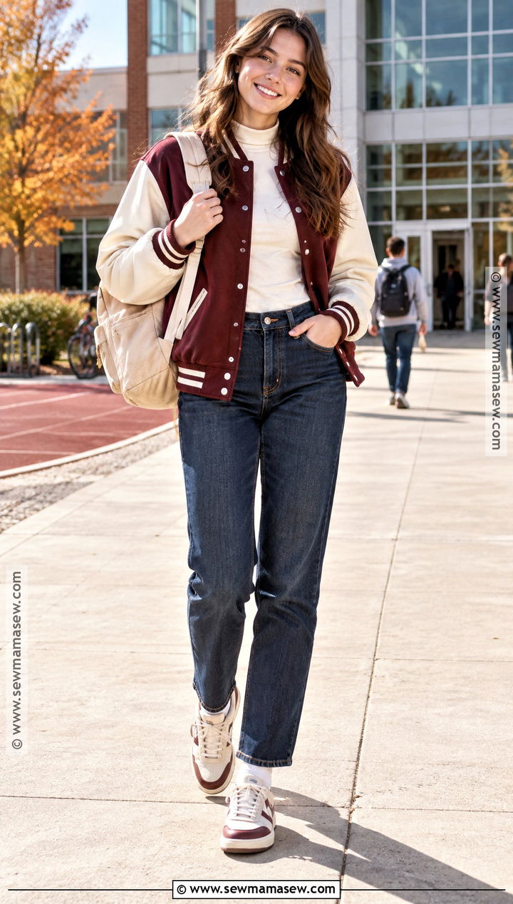 Varsity Jacket And Straight Jeans Autumn School Outfit - 25 outfit ideas for school autumn