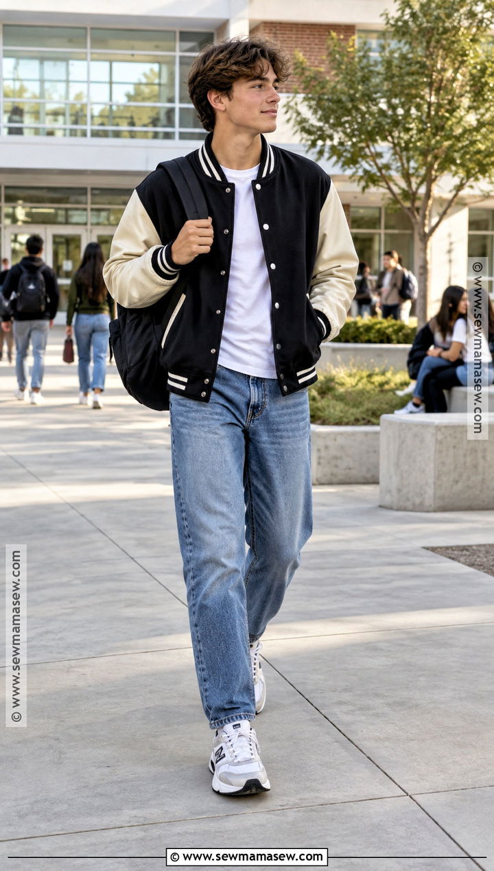 Varsity Jacket And Straight Jeans Back To School Outfit - 15 back to school outfits highschool aesthetic