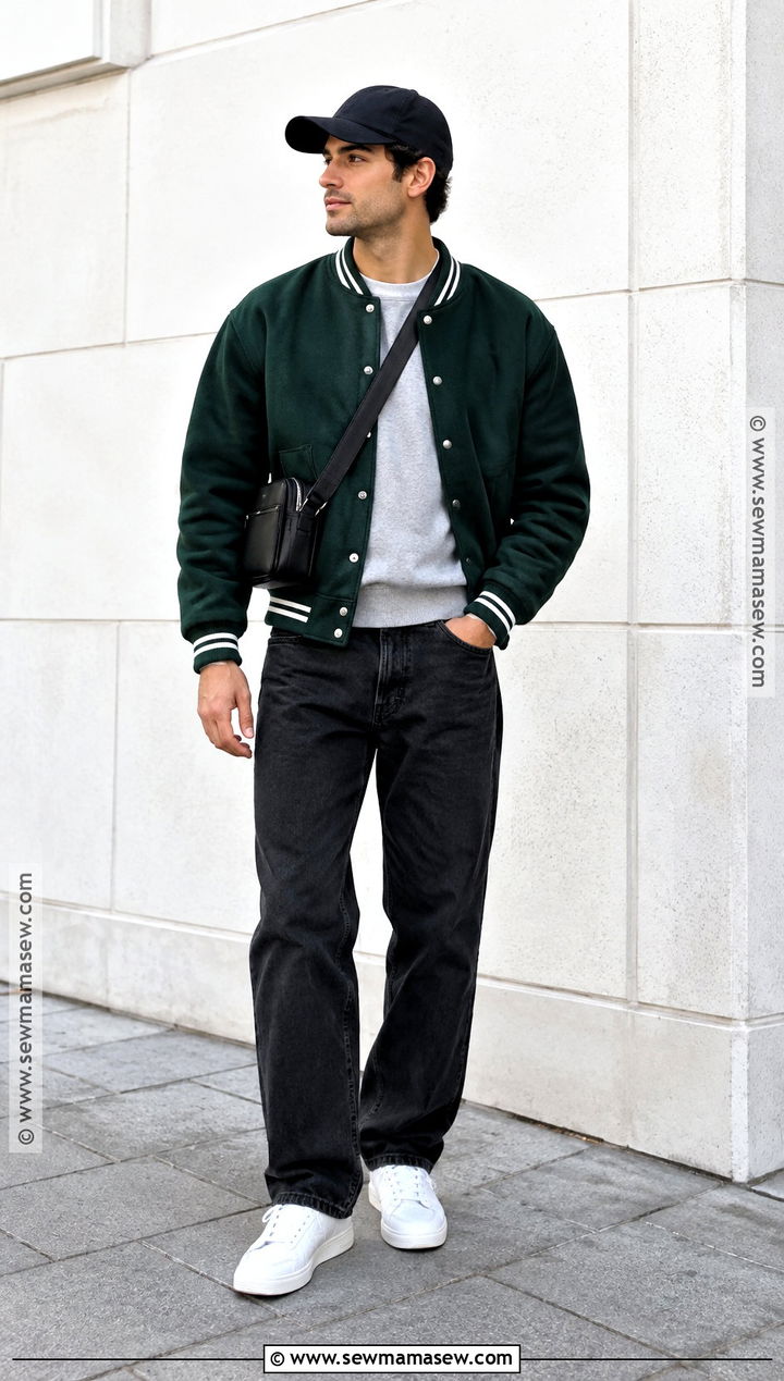 Varsity Jacket And Straight Jeans Fall Outfit - 25 Fall Mens Outfits