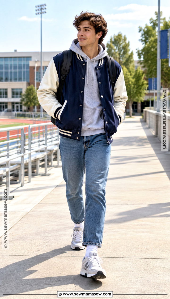 Varsity Jacket And Straight Jeans Fall School Outfit - 20 cute fall school outfits