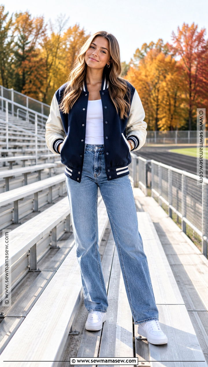Varsity Jacket And Straight Jeans Fall Senior Picture Outfit - 25 senior pictures outfits fall
