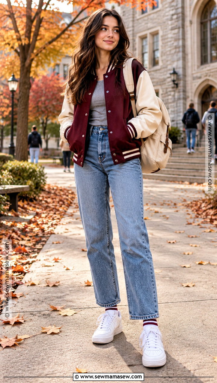 Varsity Jacket And Straight Leg Jeans Fall Outfit - 25 fall swag outfits