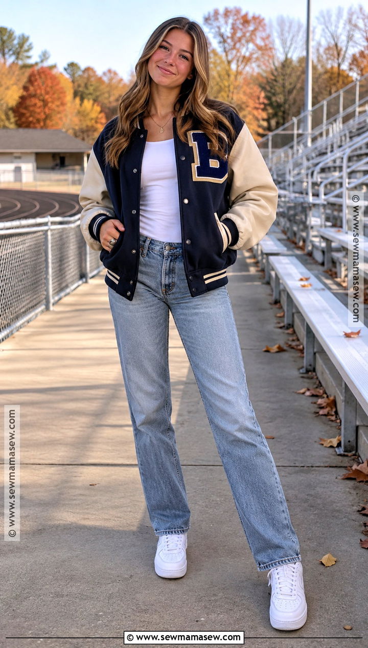 Varsity Jacket And Straight Leg Jeans Fall Senior Picture Outfit - 15 fall outfits for senior pictures photo shoot