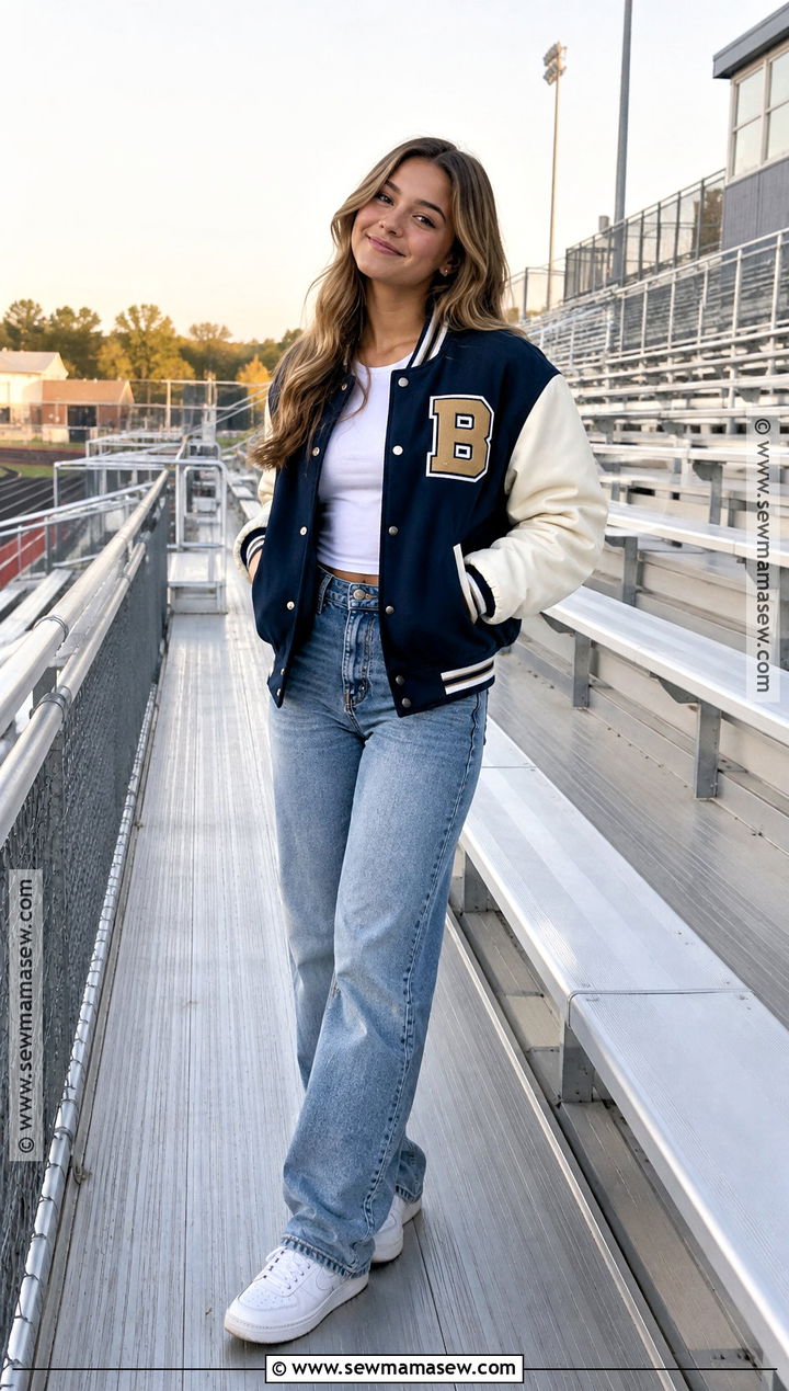 Varsity Jacket And Straight Leg Jeans Fall Senior Pictures Outfit - 25 fall senior pictures outfits