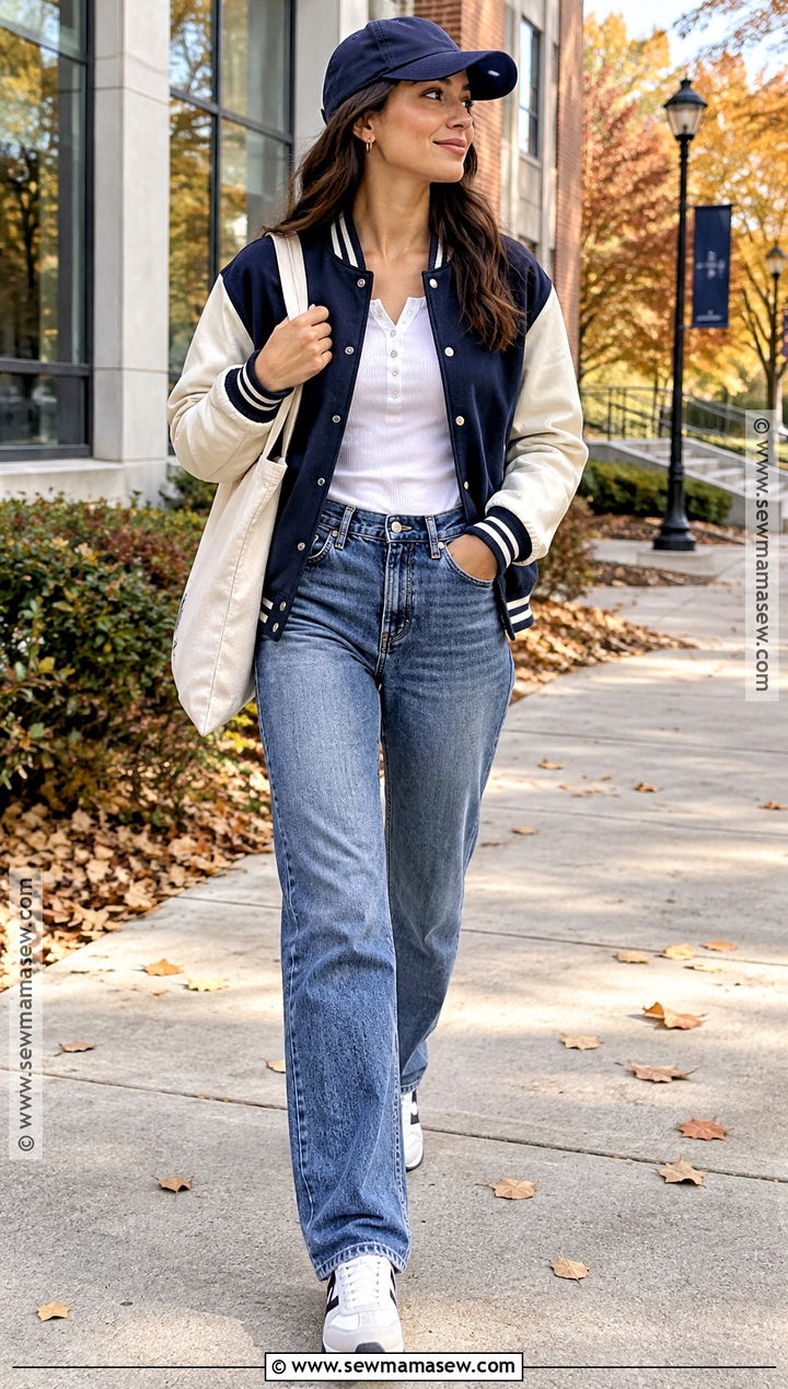 Varsity Jacket And Straight Leg Jeans Fall Streetwear - 15 women fall streetwear ideas