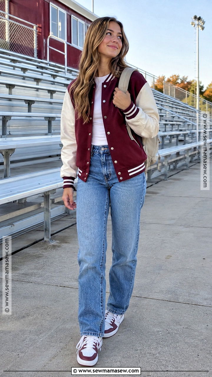 Varsity Jacket And Straight Leg Jeans High School Outfit - 20 fall outfits high school
