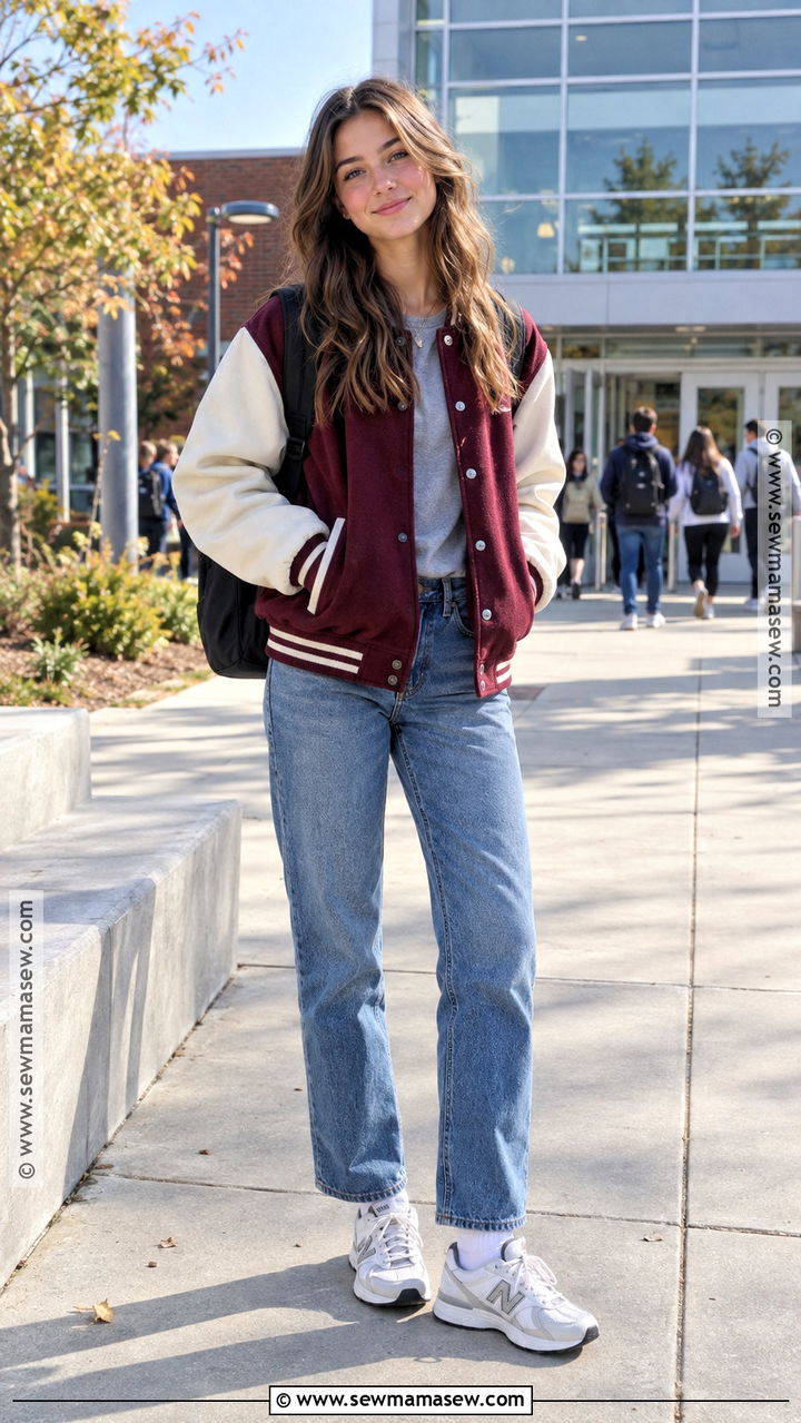Varsity Jacket And Straight Leg Jeans Outfit - 20 back to school outfits teen for girls