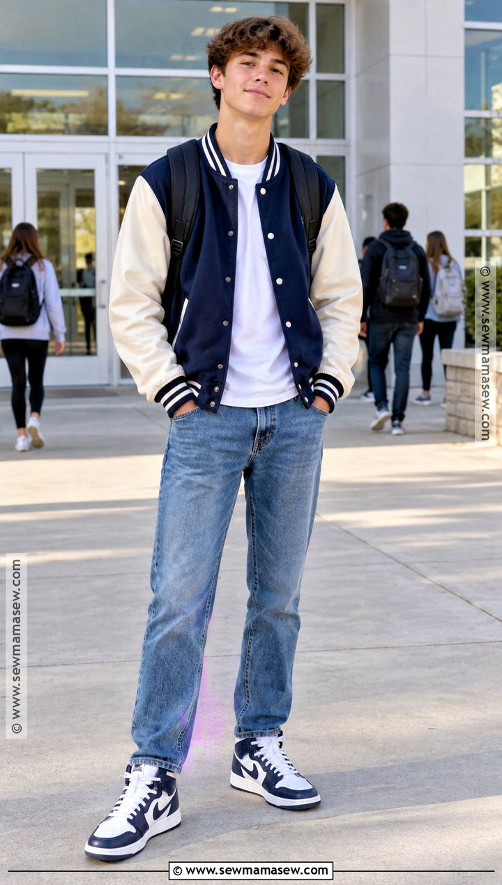 Varsity Jacket And Straight Leg Jeans Outfit - 20 cute back to school outfits for 8th