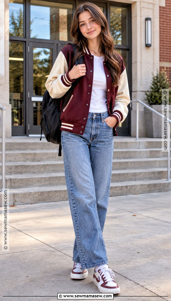 Varsity Jacket And Straight Leg Jeans Outfit - 25 back to school outfits for teens